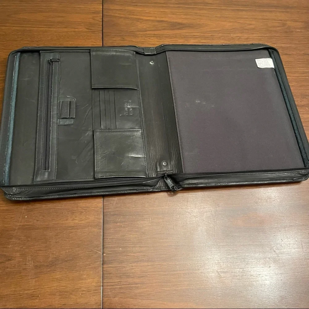 Vintage Monarch Luggage Briefcase Portfolio HIDE-AWAY HANDLES Black Leather Zips